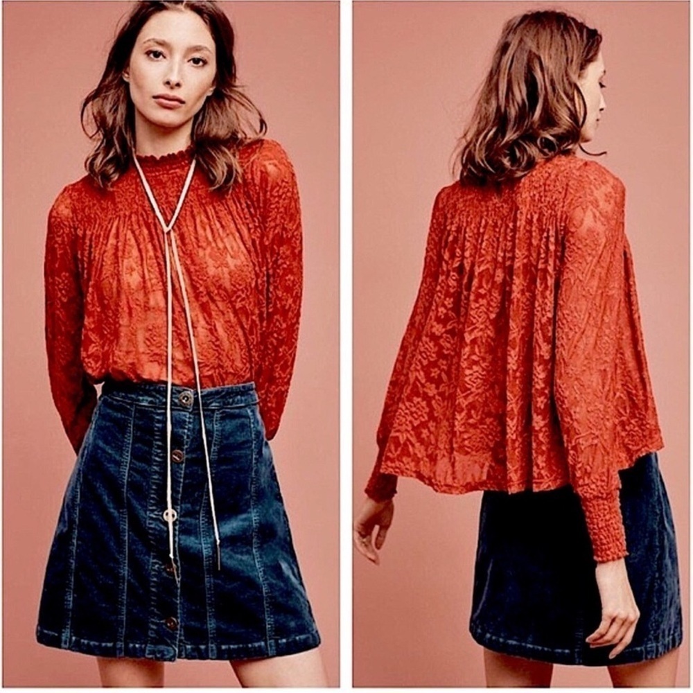 Deletta Anthropologie Rust Amana Burnout Sheer Smocked Mock Neck Top size small